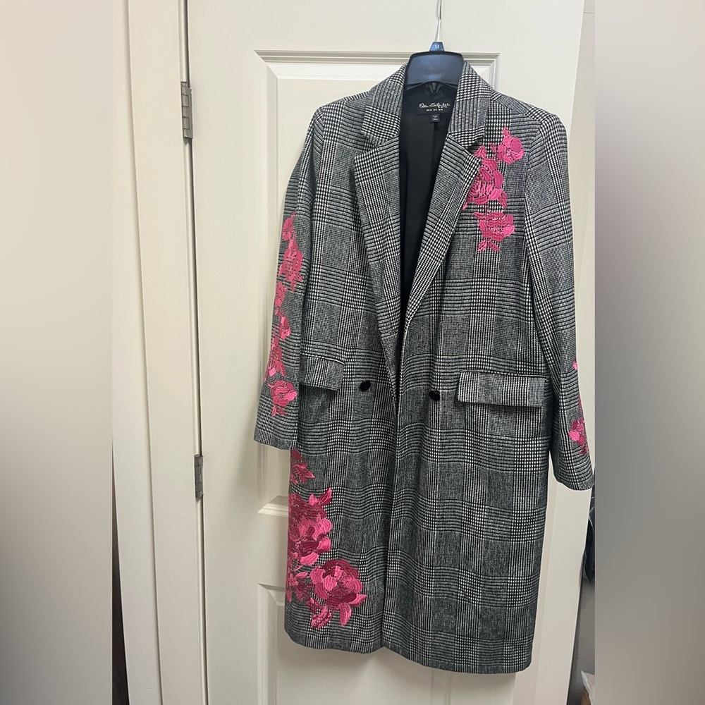 Miss Selfridge Gray Plaid Blazer with Pink Floral Design